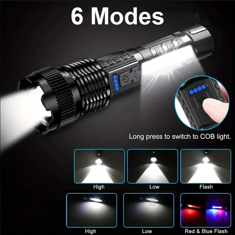 PowerBeam Pro 6X: High Power Led Flashlights Very Strong Tactical Torch 6 Modes Rechargeable Camping Fishing Emergency Zoom Lantern